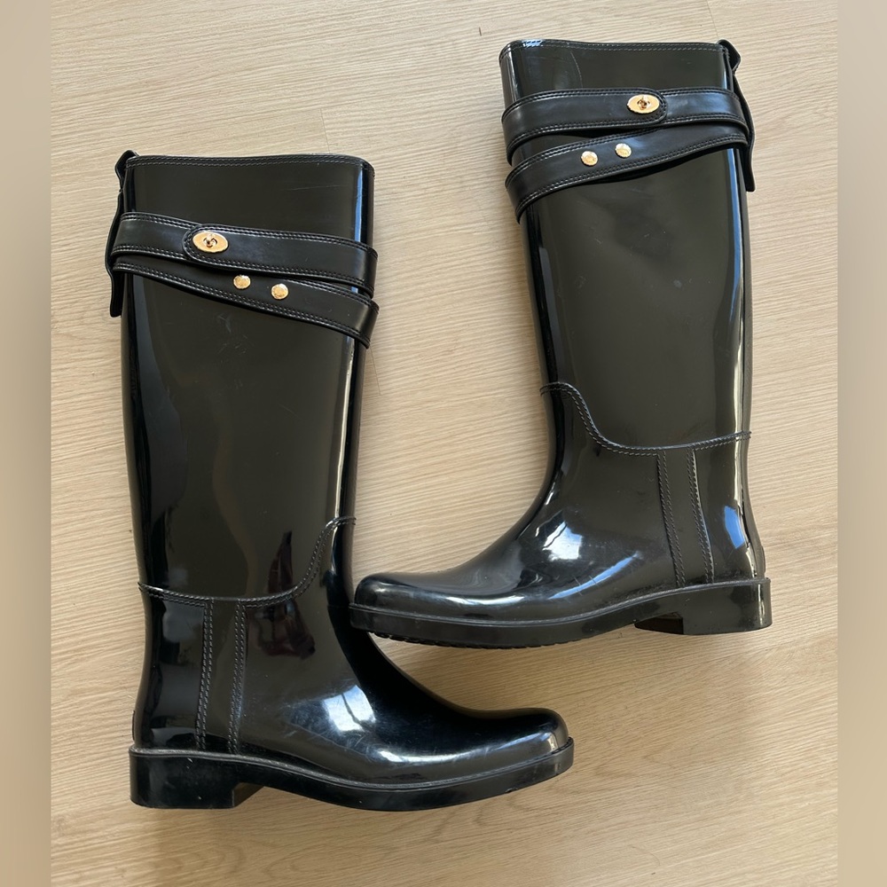 Coach Talia Tall Rain Rubber Boots Black Size 8 W/ Gold Accents